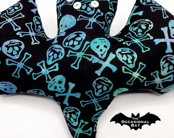 Black Bat Pillow with Blue Pirate Skulls *SALE*