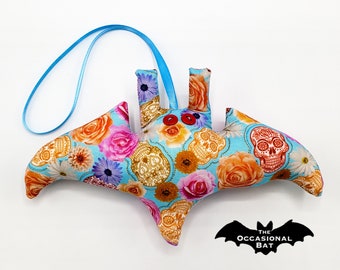 Blue Microbat with Sugar Skulls and Flowers