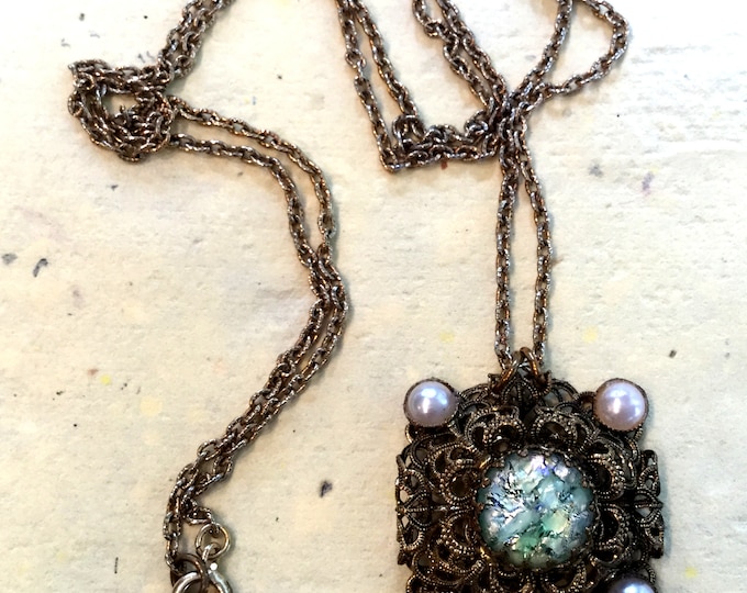 Art Nouveau Green Opalescent Cab and Pearl Necklace Free Shipping