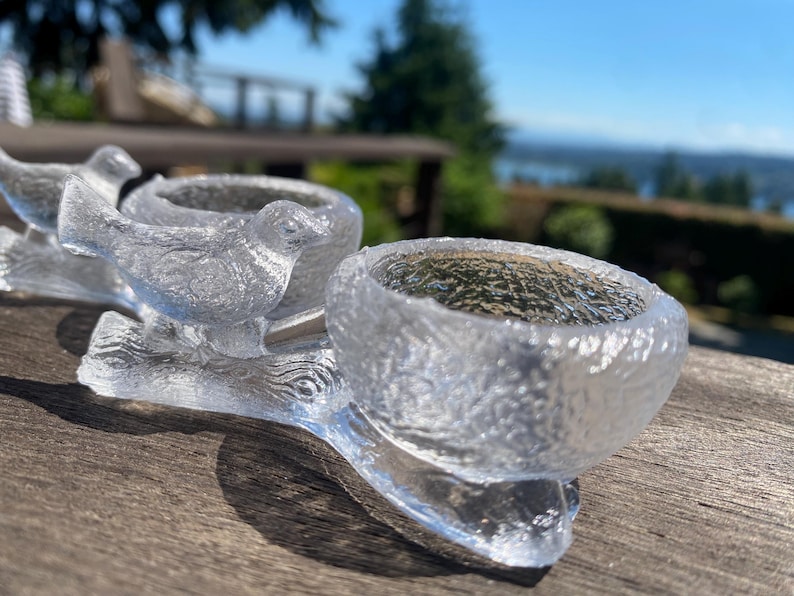 May include: A clear glass bird-shaped candle holder with two bowls. The candle holder is made of textured glass and sits on a wooden surface. The background is blurred, showing a view of the water and sky.