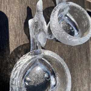 May include: Clear glass decorative objects with textured surfaces. The objects have a unique, organic shape, resembling a bird or a stylized form. The glass catches the light, creating highlights and shadows. The objects are placed on a wooden surface.