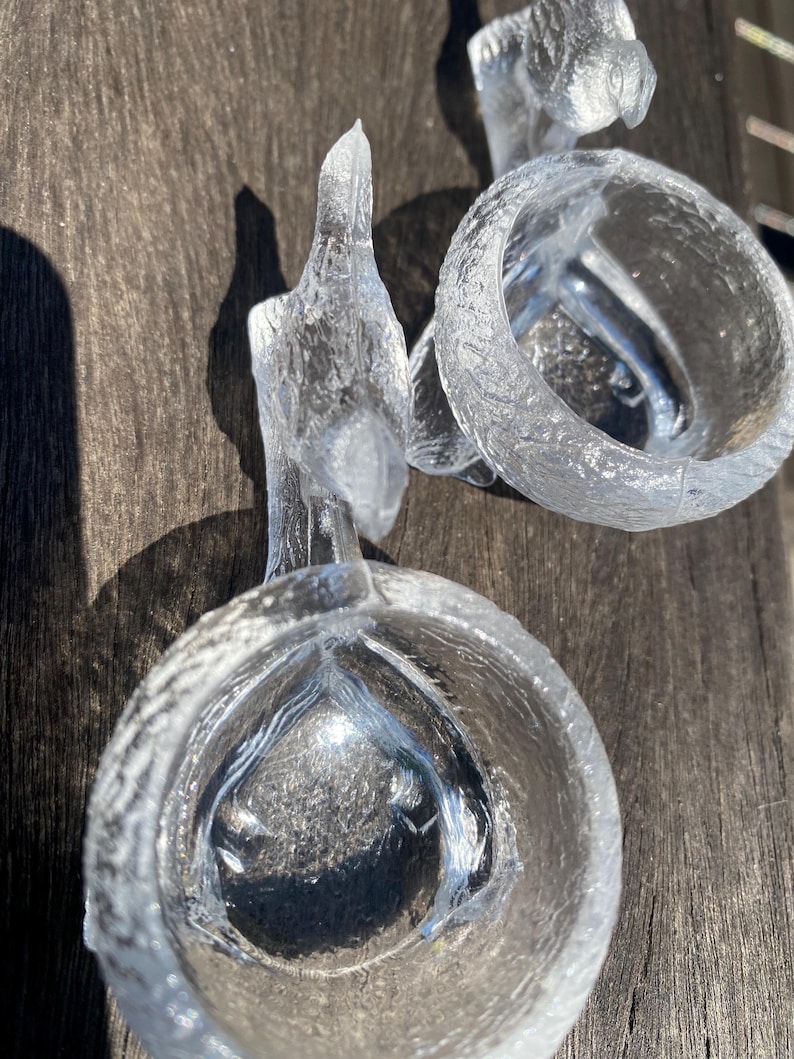 May include: Clear glass decorative objects with textured surfaces. The objects have a unique, organic shape, resembling a bird or a stylized form. The glass catches the light, creating highlights and shadows. The objects are placed on a wooden surface.
