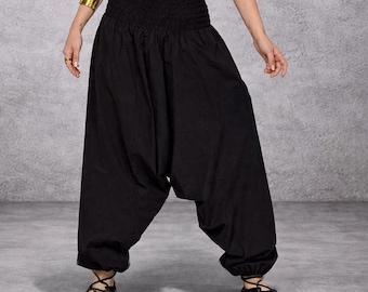 Pantalones harem de algodón negro: pantalones de yoga estilo boho hechos a mano