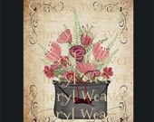 Floral Print in Kettle Vintage Style 8 by 10 Print by Cheryl Weaver Primitive Country Folk Art
