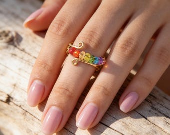 Rainbow Rotating Bead Fidget Ring Adjustable Gold Silver