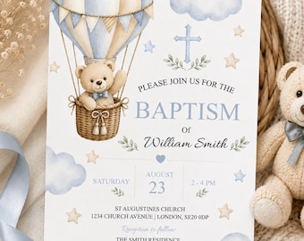 May include: A baptism invitation card featuring a watercolour illustration of a teddy bear in a blue and beige hot air balloon, blue clouds, stars, and a cross. The text reads: Please join us for the baptism of William Smith, August 23, 2-4 PM.