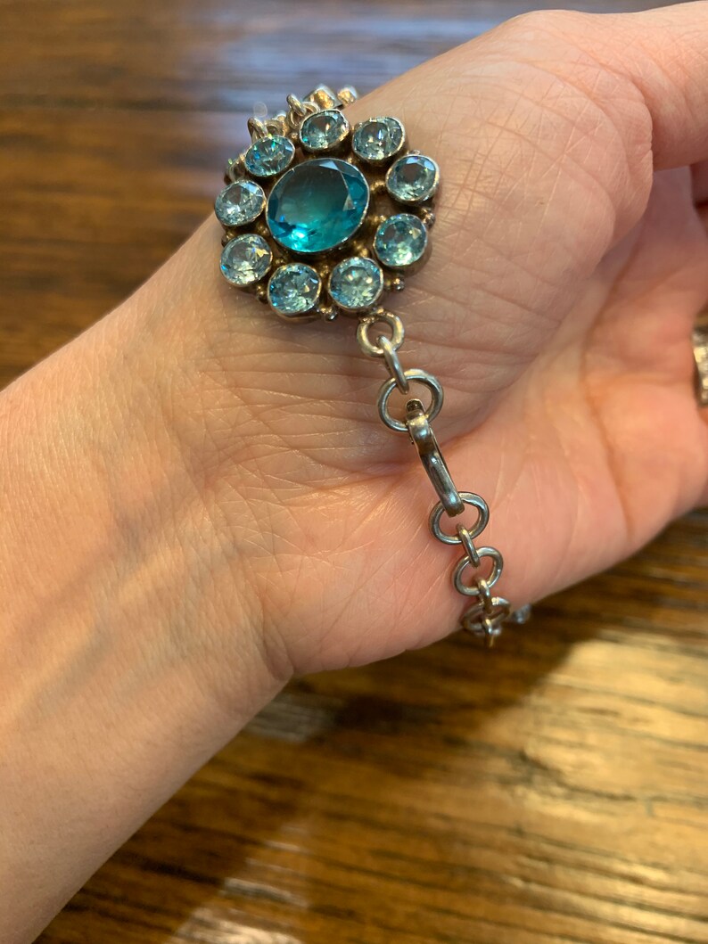 Sterling Silver Teal Blue Glass Rhinestones Flower Bracelet