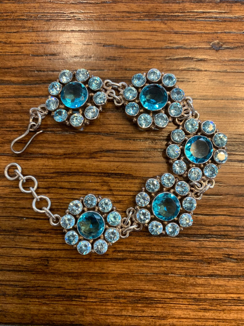 Sterling Silver Teal Blue Glass Rhinestones Flower Bracelet