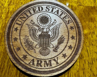 United States Army Coaster set. 4pcs. Round Laser Engraved With Padded Feet