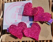 Handmade pretty pink and silver glitter heart hair clips, pair of decorative hair clips, glittery child's hair clips; hair fashion accessory