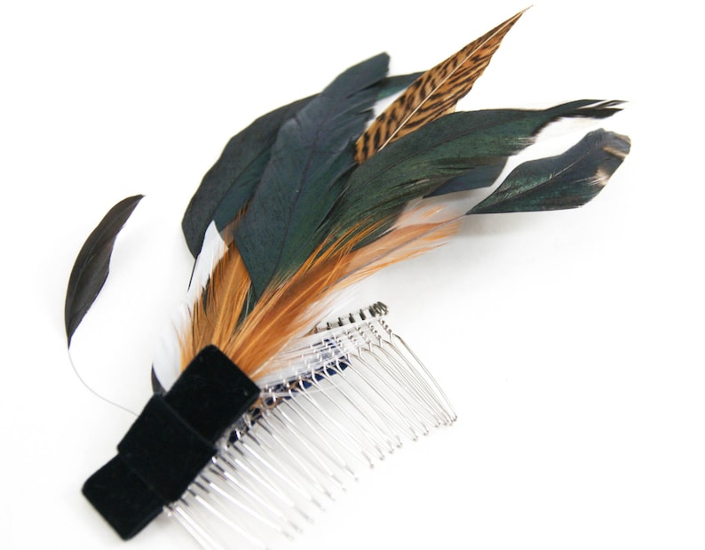 Elegant British feather hair combs with velvet ribbon bow