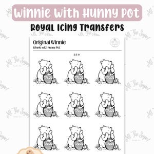 May include: Sheet of black and white Winnie the Pooh royal icing transfers. The sheet includes nine images of Winnie the Pooh with a honey pot. The text on the sheet reads "Winnie with Hunny Pot" and "Royal Icing Transfers". The images are 2.5 inches in size.