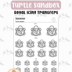 May include: A sheet of black and white royal icing transfers featuring turtle sandbox designs in three sizes: 2 in, 1.5 in, and 1 in. The sheet includes the text "Turtle sandbox" and "Royal Icing Transfers". The design includes a turtle with a bucket and shovel.