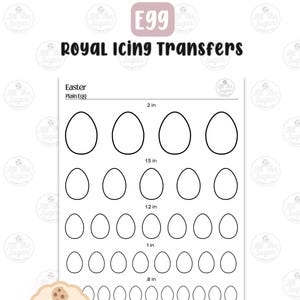Könnte beinhalten: Ein weißes Blatt mit schwarzen Umrissen von Ostereiern in verschiedenen Größen, von 5 cm bis 2 cm. Der Text "Royal Icing Transfers" und "Easter Plain Egg" sind ebenfalls sichtbar. Das Bild enthält den Text "Instant Download PDF" und "5 different sizes."
