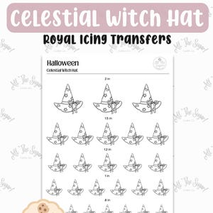 Pode incluir: Uma folha imprimível com ilustrações em preto e branco de chapéus de bruxa celestiais em cinco tamanhos diferentes, de 2 cm a 5 cm. O texto "Celestial Witch Hat" e "Royal Icing Transfers" são exibidos no topo.
