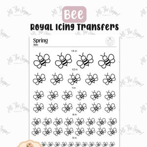Może przedstawiać: Arkusz transferów lukru królewskiego z wzorami pszczół w pięciu różnych rozmiarach, od 1,3 cm do 3,8 cm. Arkusz zawiera tekst "Bee" i "Spring". Produkt jest natychmiastowym plikiem PDF do pobrania.