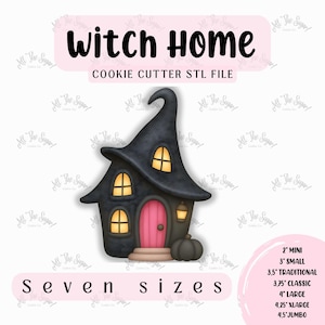 Peut inclure: Emporte-pièce en forme de maison de sorcière noire avec une porte rose, des fenêtres jaunes et une petite citrouille. Le texte "Witch Home" et "Seven sizes" sont affichés. Disponible en tailles de 5 cm à 11,4 cm.