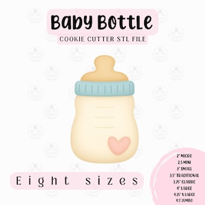 May include: A baby bottle cookie cutter STL file. The design features a light yellow bottle with a light blue ring and a light brown nipple. A pink heart is on the bottle. The text "Baby Bottle" is above the bottle, and "Eight sizes" is below.