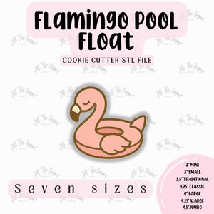 Puede incluir: Archivo STL de cortador de galletas de flotador de piscina de flamenco. La imagen presenta un diseño de flamenco rosa con pico y contorno marrón. El texto "Flamingo Pool Float" se muestra encima del flamenco, y "Seven sizes" debajo.