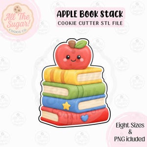 May include: A cookie cutter design featuring a stack of four books with a red apple on top. The books are yellow, green, blue, and red with cream-coloured pages. The blue book has a yellow star, and the red book has a blue heart. Text reads APPLE BOOK STACK COOKIE CUTTER STL FILE and Eight Sizes & PNG included.