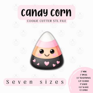 May include: A candy corn cookie cutter STL file with a smiling face and pink hearts. The candy corn design has white, pink, orange, and black sections. The image includes the text "Seven sizes" and size options ranging from 5 cm to 11.4 cm.