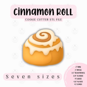以下が含まれることがあります： シナモンロールのクッキーカッターSTLファイルのデジタルイラスト。明るい茶色のシナモンロールに白いアイシング、テキスト「cinnamon ROLL」と「Seven sizes」が描かれています。利用可能なサイズは、5 cmミニから11.4 cmジャンボまでです。