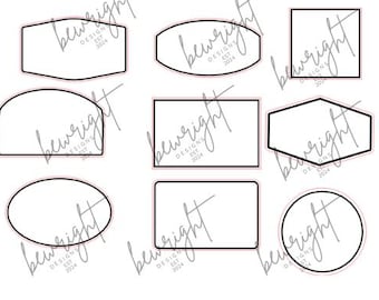 May include: Nine different black and white outline shapes for creating custom labels or logos. The shapes include a rectangle, oval, circle, hexagon, and more. The text "bewright designs est 2024" is included in each shape.