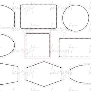 May include: A collection of nine stickers in various shapes, including rectangles, circles, and ovals. Each sticker has a white interior and a black dotted border, with a light pink outline. The word "bewright" is written in a cursive font across the image.