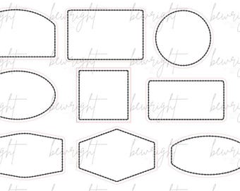 May include: A collection of nine stickers in various shapes, including rectangles, circles, and ovals. Each sticker has a white interior and a black dotted border, with a light pink outline. The word "bewright" is written in a cursive font across the image.