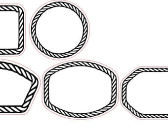 May include: A collection of six blank labels with a rope-like border. The shapes include a rectangle, circle, and various other geometric forms. The borders are black and the background is white.