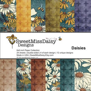 May include: A collection of 6x6 inch double-sided paper sheets featuring daisy designs. The paper collection includes 24 sheets with 12 unique designs, each with a floral and bee theme. The paper is made in the USA.
