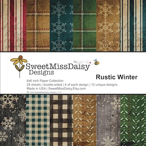 May include: A collection of 6x6 inch double-sided paper sheets with rustic winter designs. The designs include plaid, snowflakes, and script patterns in various colors like red, green, and brown. The text "Rustic Winter" is visible.