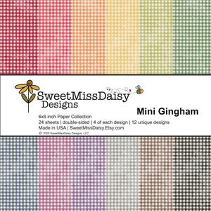 May include: A collection of 12 unique mini gingham patterned papers in a variety of colors, including red, orange, yellow, green, blue, purple, brown, and black. The papers are 6x6 inches and double-sided, with 4 of each design. The papers are made in the USA and are perfect for scrapbooking, card making, and other craft projects. SweetMissDaisy.Etsy.com