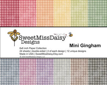 Mini Gingham 6x6 Paper Collection, 24 Double-sided Sheets, 12 Unique Designs, 80lb Cardstock