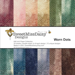 May include: A collection of 12 unique 6x6 inch double-sided patterned papers featuring a worn dot design in various colors. The papers are made in the USA and are part of the "Worn Dots" collection by SweetMissDaisy Designs.