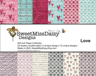 Love 6x6 Paper Collection, 24 Double-sided Sheets, 12 Unique Designs, 80lb Cardstock