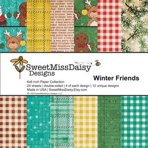 May include: A 6x6 inch paper collection titled "Winter Friends" with 24 double-sided sheets. The designs include gingerbread men, reindeer, and plaid patterns. The collection is made in the USA and features 12 unique designs.