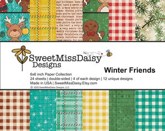 May include: A 6x6 inch paper collection titled "Winter Friends" with 24 double-sided sheets. The designs include gingerbread men, reindeer, and plaid patterns. The collection is made in the USA and features 12 unique designs.