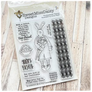 May include: Clear photopolymer stamp set featuring Easter-themed designs. Includes a bunny illustration, basket, and text: "Happy Easter", "True friend", "Easter joys be yours", and "May your day be filled with cheer!"
