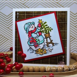 May include: A handmade Christmas card featuring a snowman holding a star and decorating a small tree. The snowman wears a blue hat, red scarf, and mittens. The card has a plaid background and a red border.