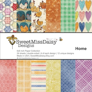 May include: A collection of 12 double-sided 6x6 inch scrapbook paper designs featuring a variety of patterns including chickens, hearts, flowers, and geometric shapes. The paper is made in the USA and is perfect for crafting and scrapbooking projects.