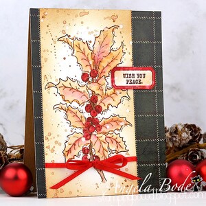 May include: A handmade Christmas card featuring a holly branch with red berries and leaves. The card has a plaid pattern on the right side and a red ribbon. The text "WISH YOU PEACE" is on a red label.