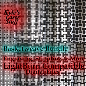 Puede incluir: Un paquete de descarga digital de patrones de tejido de cesta para grabado, punteado y más. Los patrones son compatibles con el software LightBurn. La imagen muestra una variedad de patrones de tejido de cesta en blanco y negro.