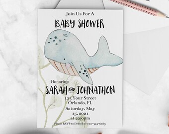 Whale Baby Shower Invitation - customizable, baby shower card, baby shower invite, baby shower