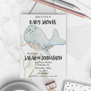 Invito per baby shower balena - personalizzabile, biglietto per baby shower, invito per baby shower, baby shower