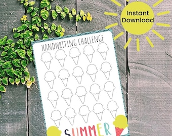 Summer Handwriting Challenge for kids, Ice Cream Handwriting Goal, Summer Handwriting Log