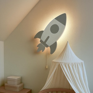 LED Rocket Wall Light for Nursery & Kids Room – Modern Soft Glow Night Light – Space Theme Bedroom Lamp for Toddlers