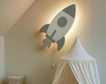 Rocket Ship LED Wall Light for Nursery, Personalized Space Night Light, Astronaut Kids Room Decor, Custom Wooden Lamp, Toddler Boy Gift