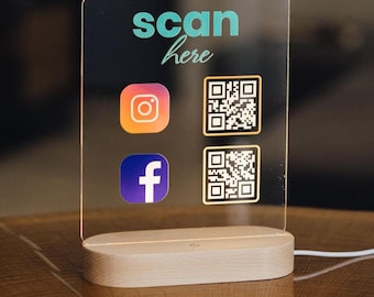 Custom QR Code Business Sign, Personalized Social Media Acrylic Plaque, Instagram and Facebook Scan to Follow Sign