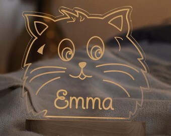 Personalized Cat Night Light with Name – Cute LED Lamp for Kids, Animal Nursery Light for Girls, Children's Night Light